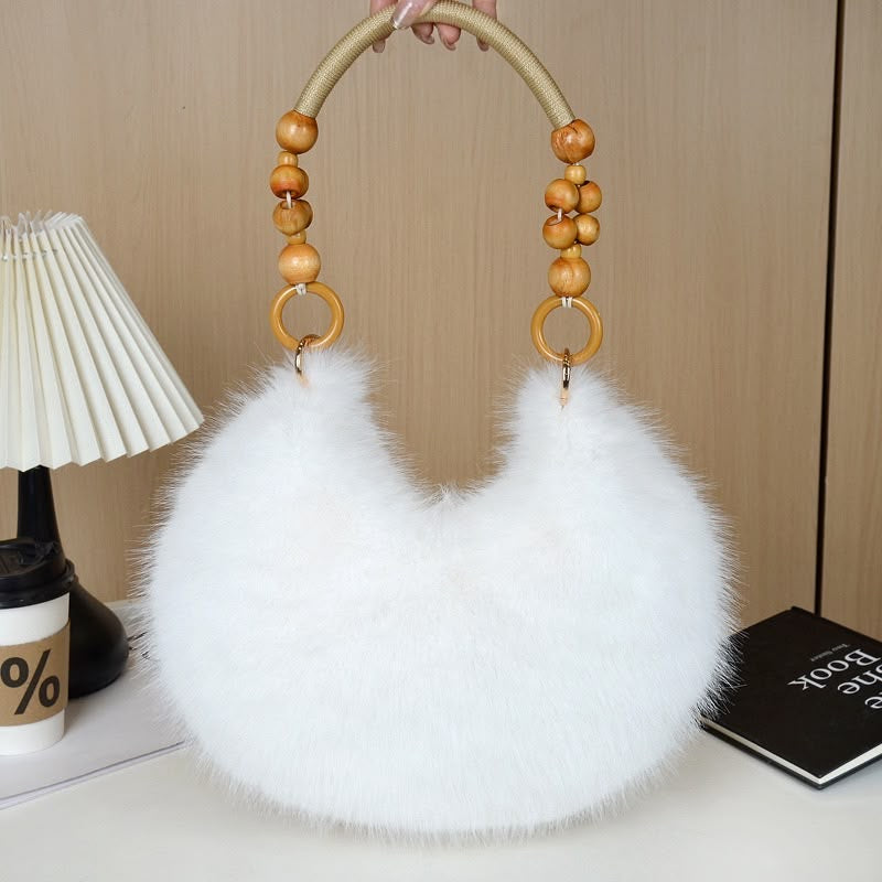 Fur Crescent Bag with Beaded Handle