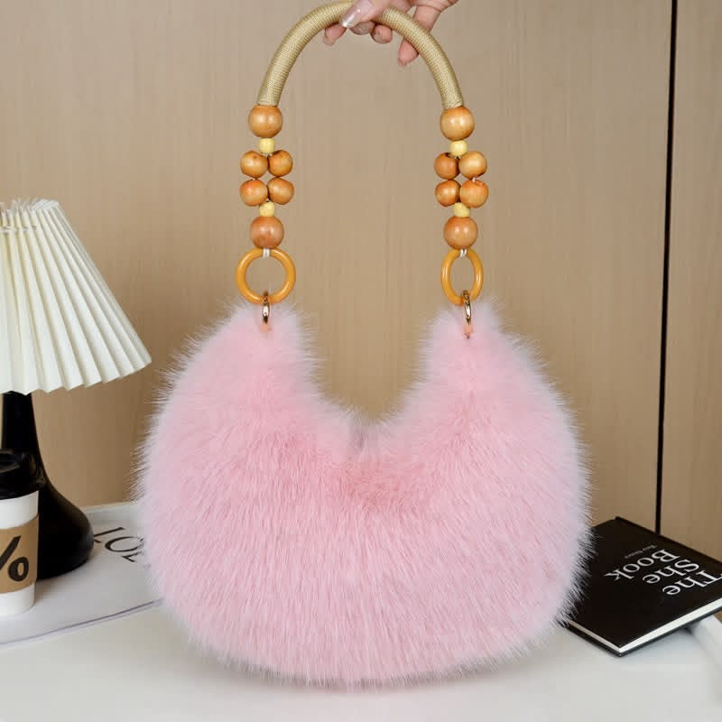 Fur Crescent Bag with Beaded Handle