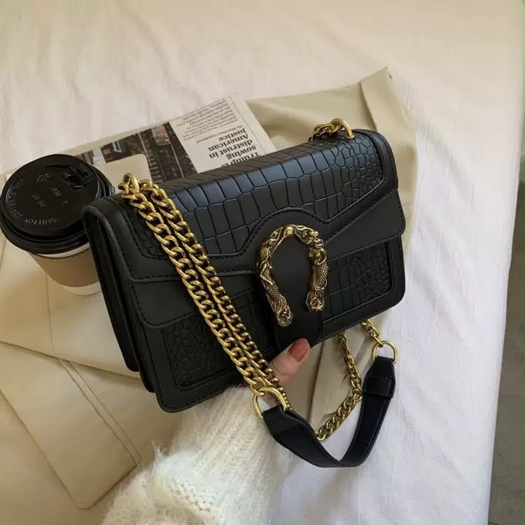 Black Croc Dragon Clasp Bag