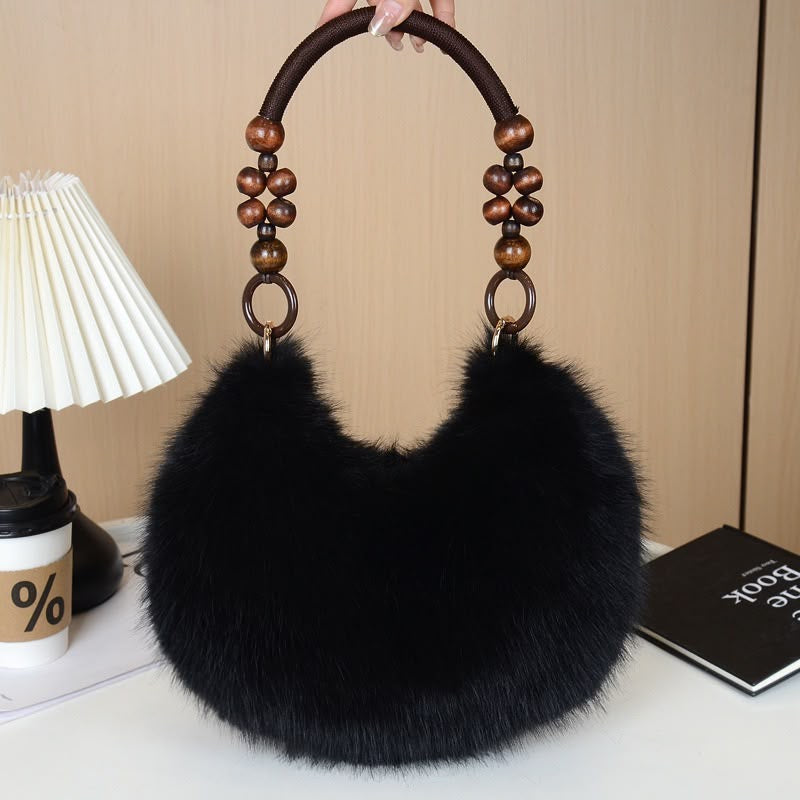 Fur Crescent Bag with Beaded Handle