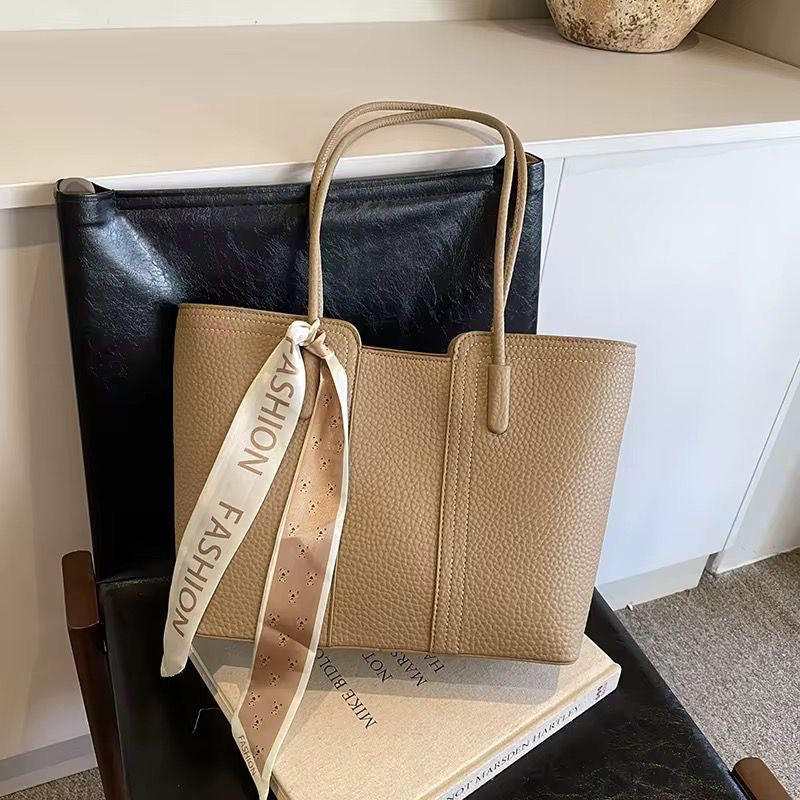 Pebbled Leather Tote with Scarf