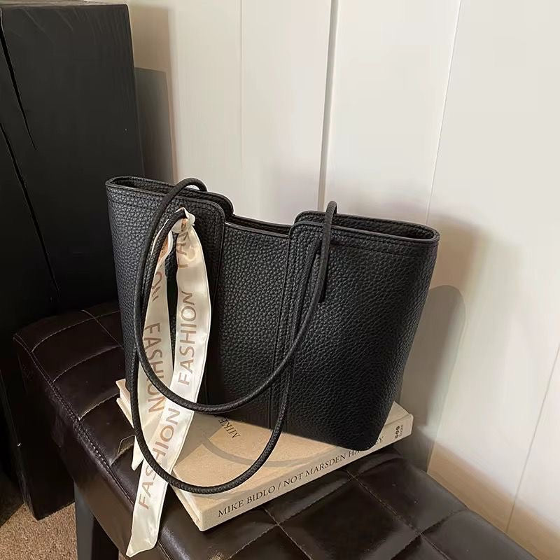 Pebbled Leather Tote with Scarf
