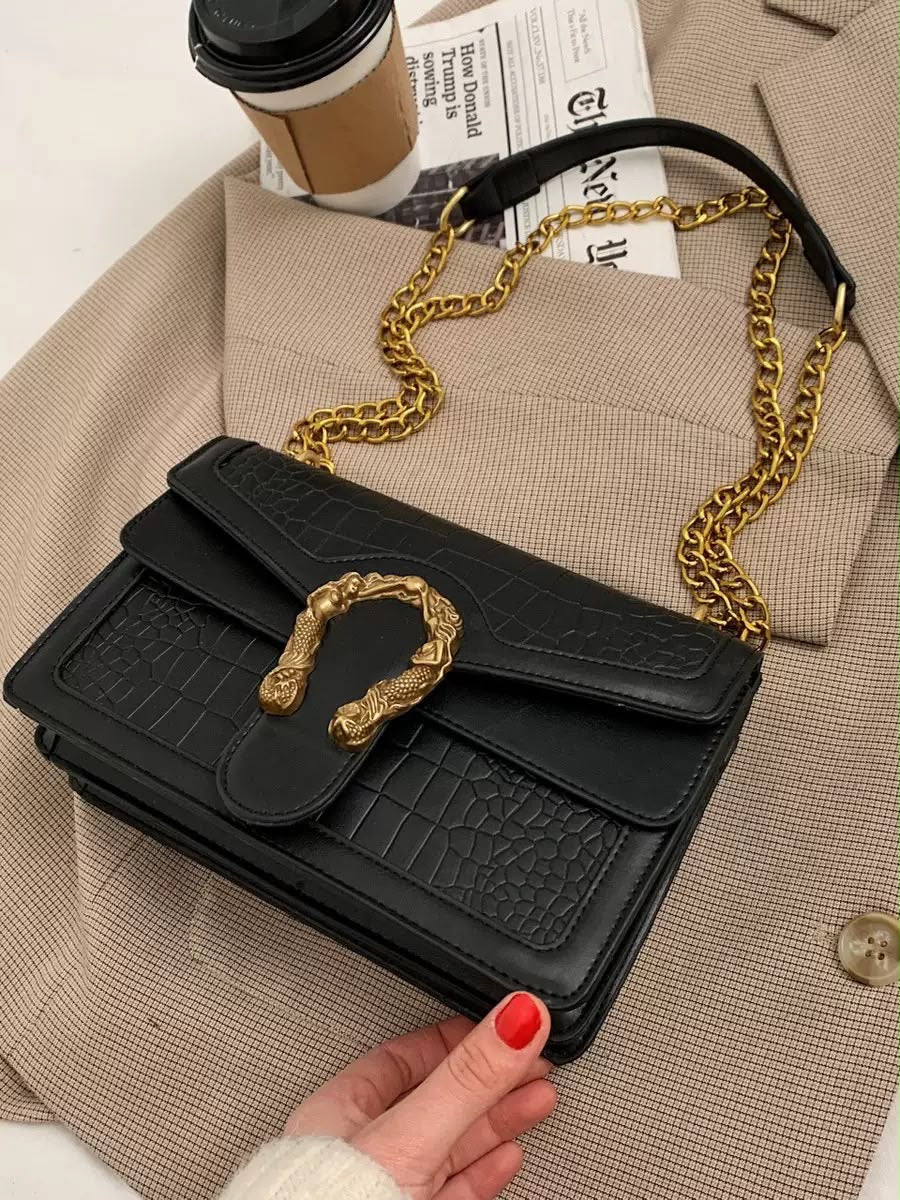 Black Croc Dragon Clasp Bag