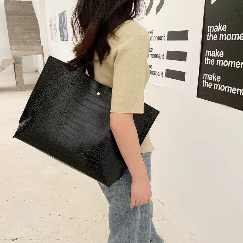 Noir Croc Luxe Shopper Tote